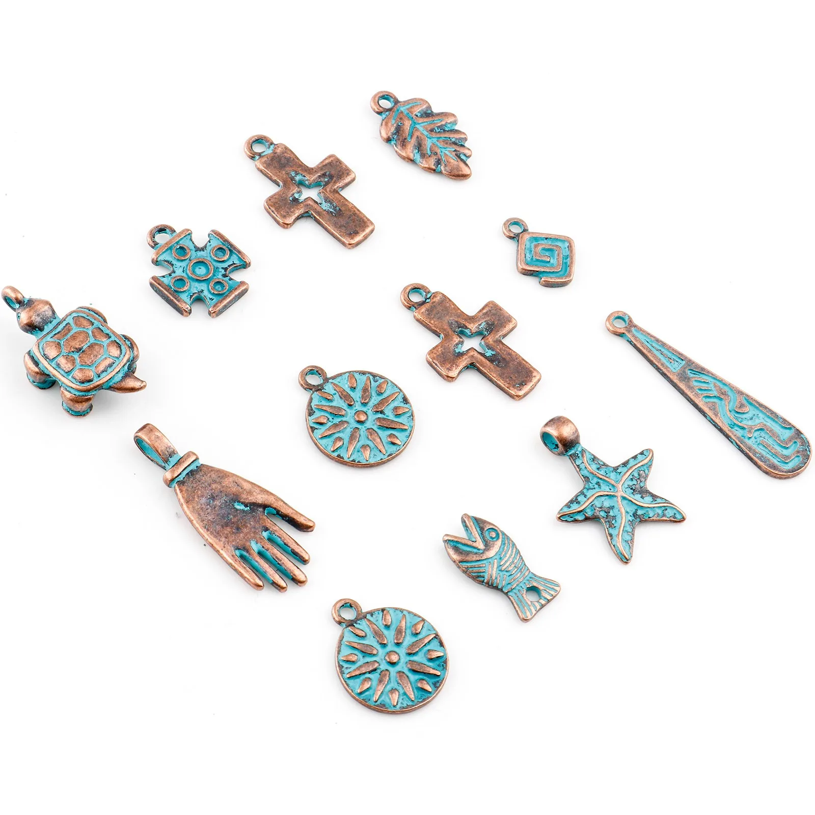 Vintage Patina Charme Antike Kupfer Geometrische Blatt Runde Fisch Metall Anhänger DIY Machen Halskette Ohrringe Böhmischen Schmuck, 20PCs – Detail 2
