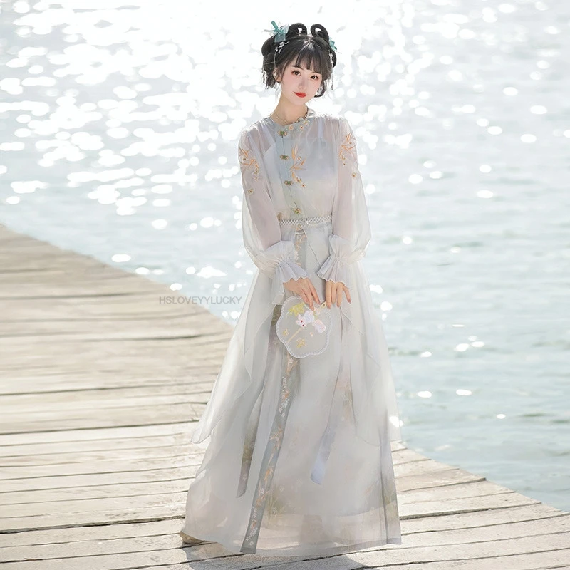 Hanfu women's Improved Chinese Style Daily Han Elements one-piece waist-high Skirt Summer Women Vintage Daily Hanfu Dress