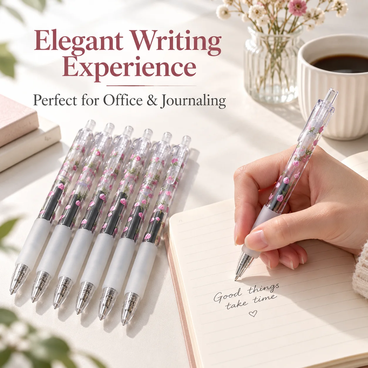 6 rose telescopic gel pens, 0.5mm fine pointed black ink transparent flower pens, used for diary notes