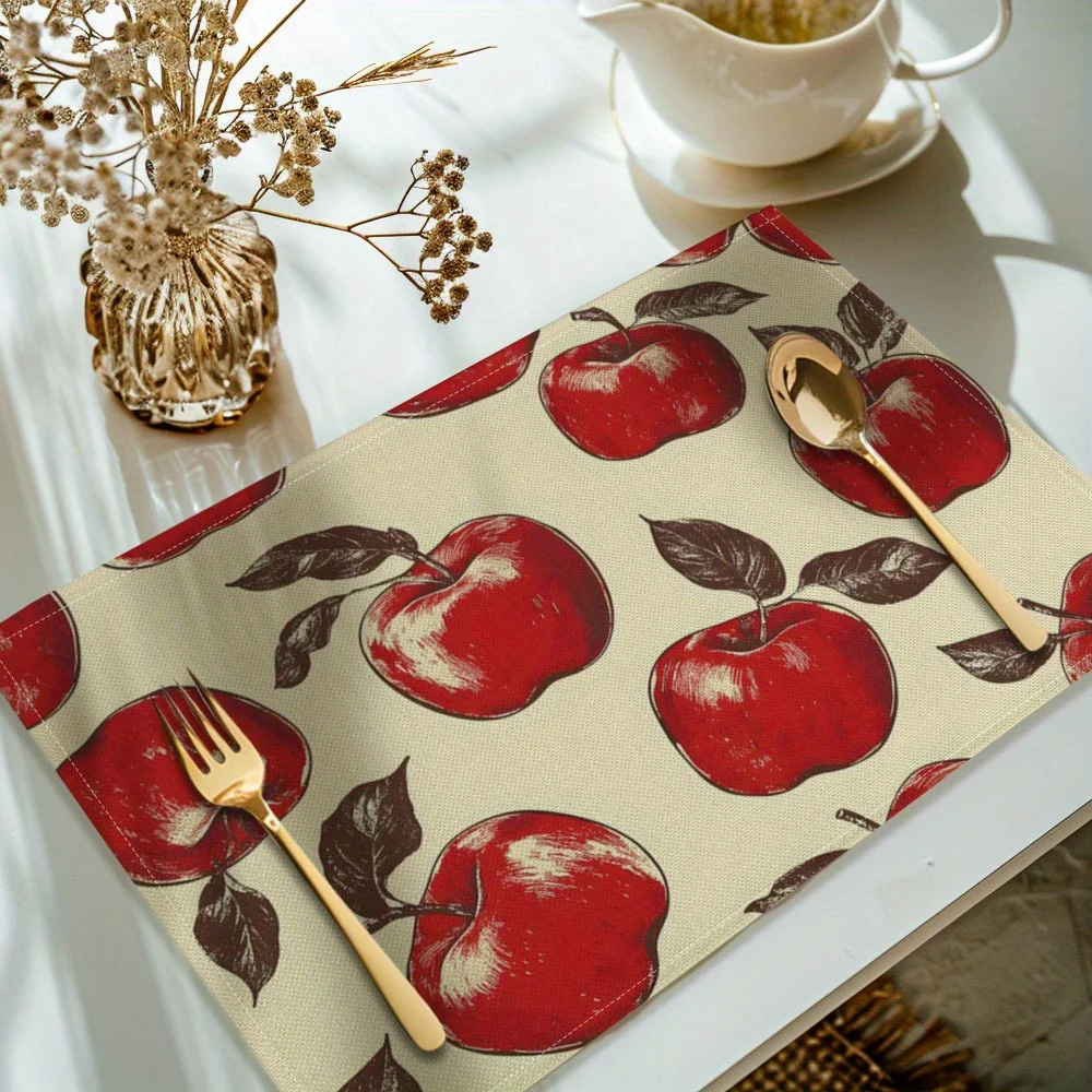 Suige Home Apple Print Placemats - 30x40cm Polyester Table Mats With Vibrant Red Apples & Green Leaves Design, Ideal For Kitch