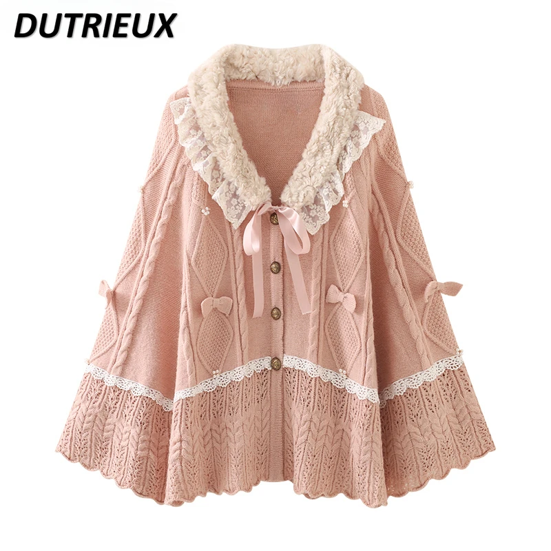 

Autumn Winter New Sweet Girl Pastoral Plush Collar Knitted Cloak Women Cute Bow Lolita Soft Girls Shawl Sweater Cardigan Jacket