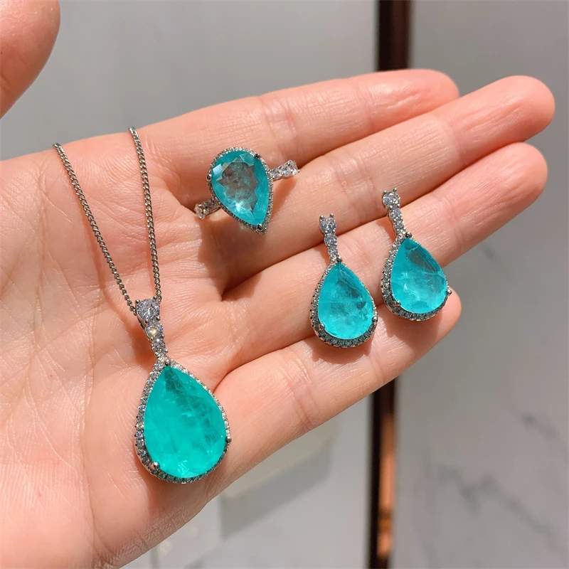 QXTC Luxury Paraiba Tourmaline Gemstone Drop Earrings/Pendant/Necklace/Ring Wedding Jewelry Sets Gift Statement