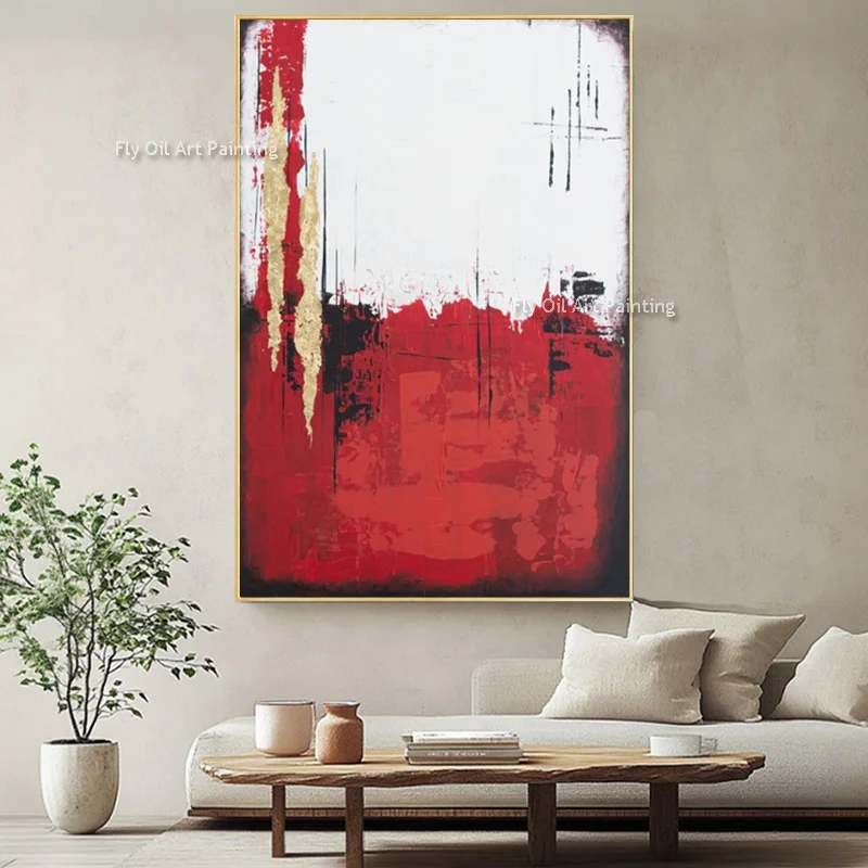 

New Design White And Red Abstract Oil Painting Large Home Wall Decor Green And Golden Handmade Canvas Wall Art Gold Foil Artwork