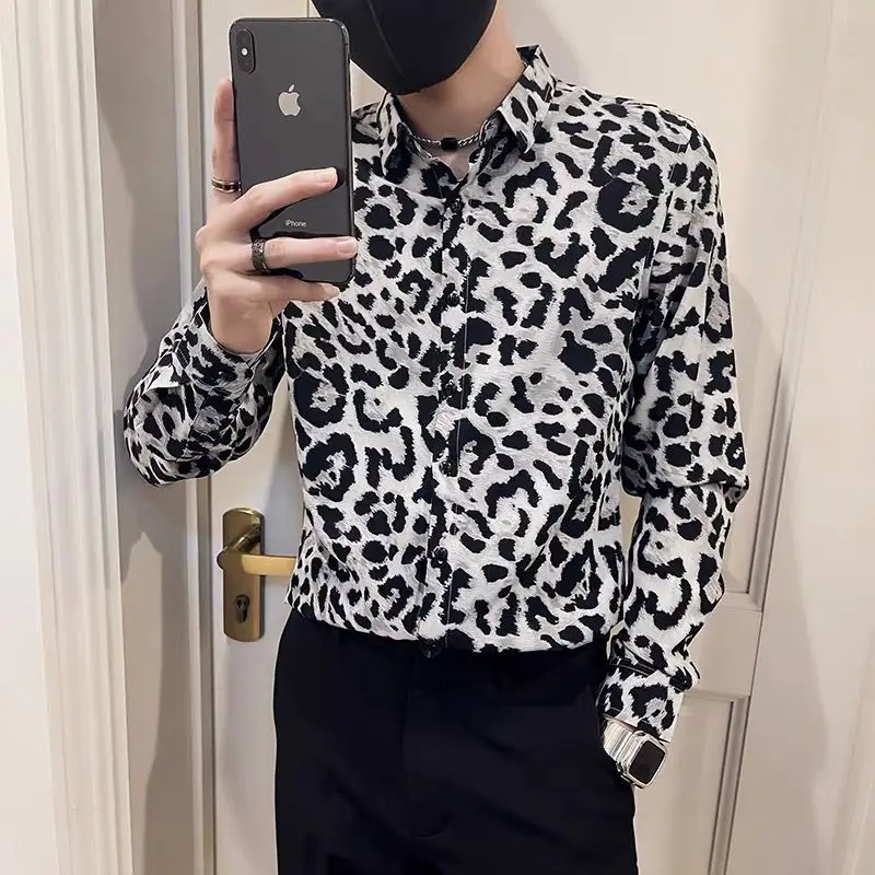 

Leopard Print Shirt Men's Long-sleeved Slim Fit Autumn Handsome Shirt Light Luxury Men's New Trendy Brand Personality Size