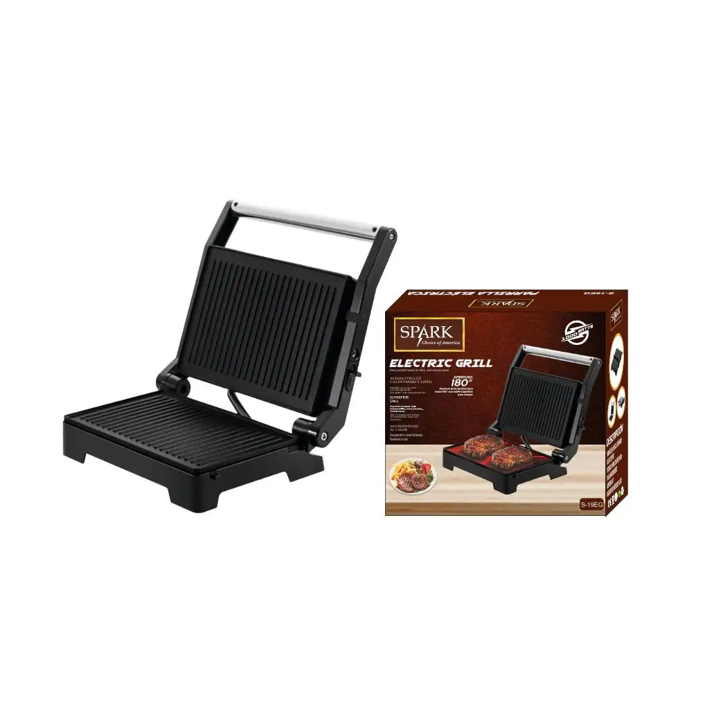 SPARK - PARRILLA ELÉCTRICA GRILL CON APERTURA DE 180º 1000W Parilla Barbacoa Eléctrica Para Sandwiches, Bacon, Hamburguesas, Filetes, Cortes, Pesca, Caza, Material Anti-Adherente