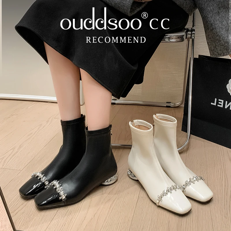 Ods Women's Suede Ankle Boots Square Toe Crystal Mid Heels for Women Pearl Rhinestones Trendy Elegant Dress Winter High Heels 42