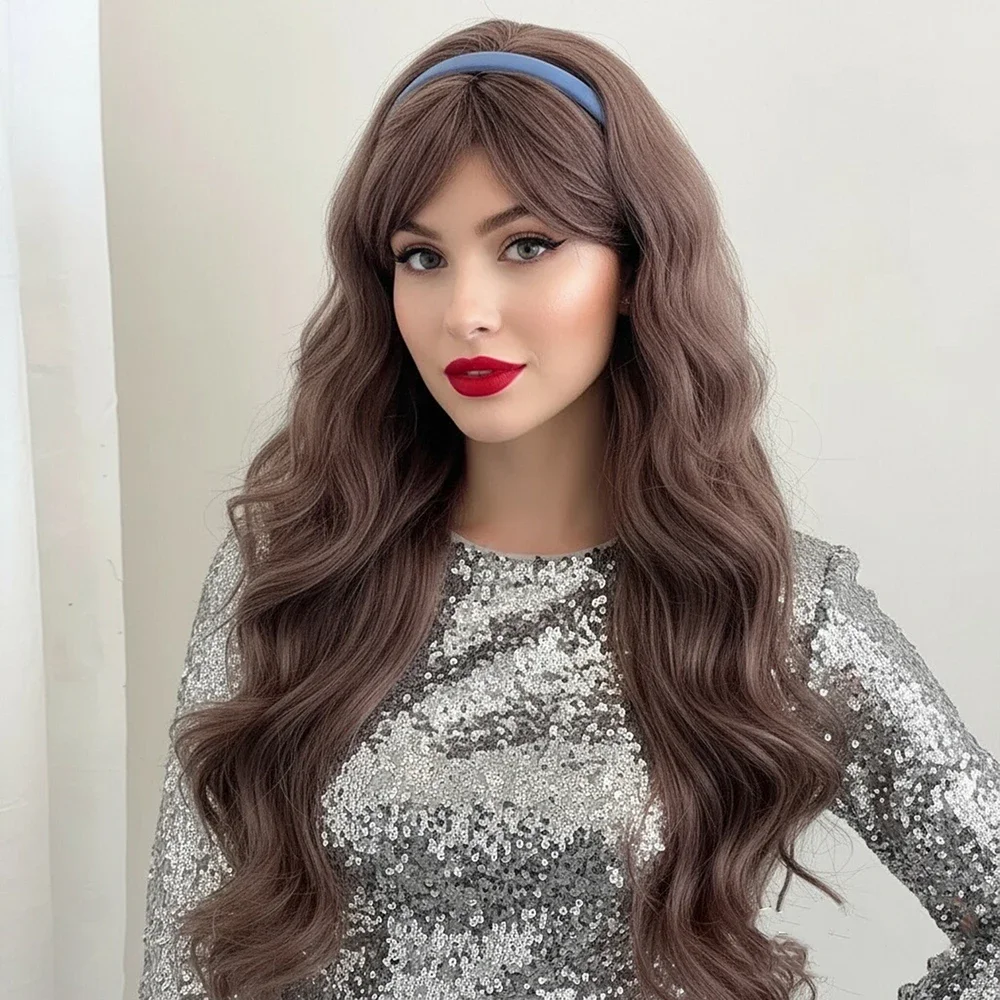 

VICWIG длинный волнистый льняной коричневый синтетический парик средняя часть Лолита косплей пушистый женский термостойкий парик для повседневной вечеринки