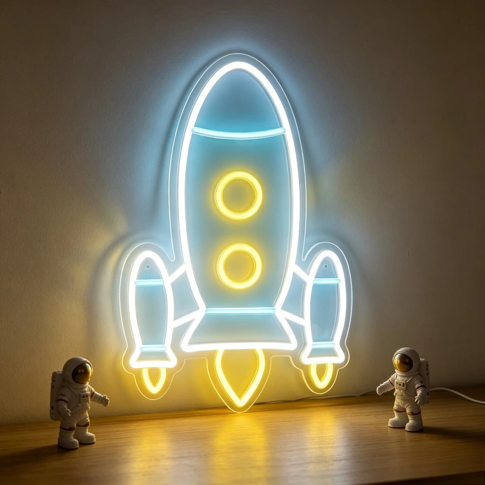 Letrero Luminoso LED de Cohete, Luz Nocturna USB, Decoración de Habitación con Temática Espacial, para Niños, Dormitorio, Astronauta, Decoración de Pared, Regalo