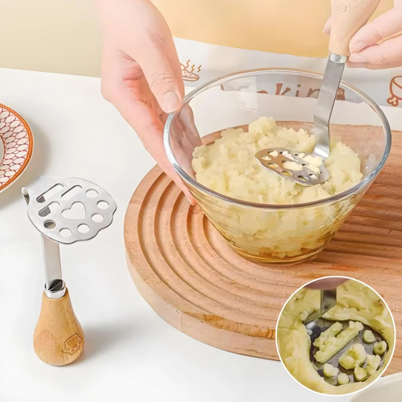 Bear Shape Stainless Steel Potato Masher with Wooden Handle, Kitchen Tool for Sweet Potato Fruit Veggies