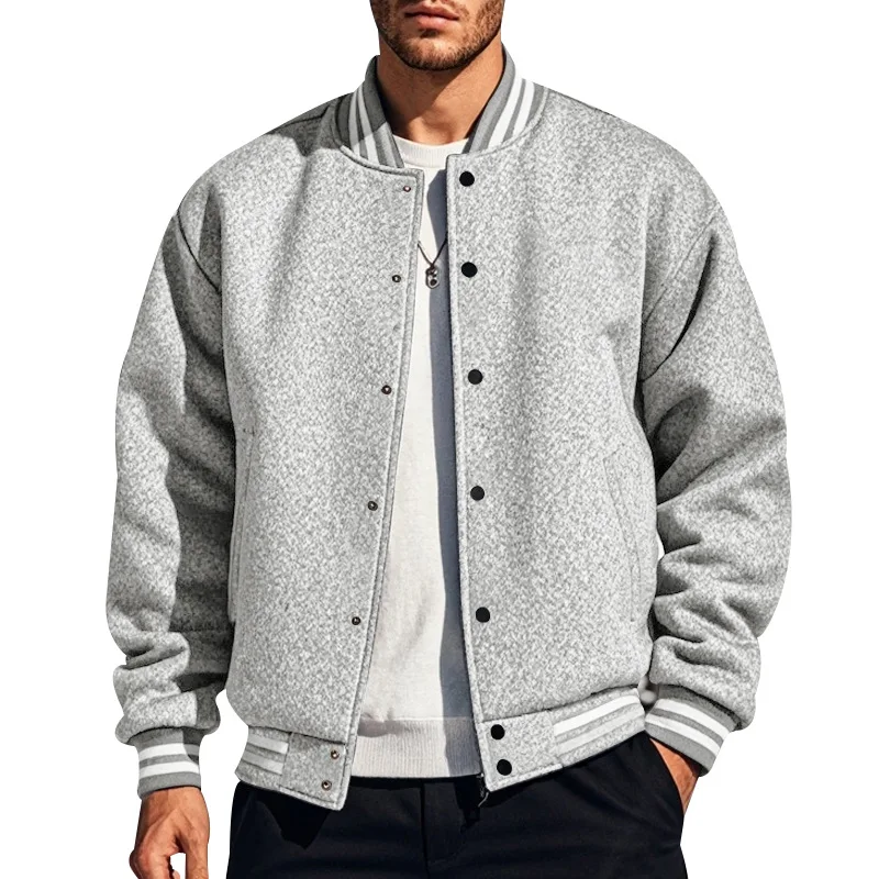 Autumn Winter Fleece Men's Baseball Jacket, American Sports Casual Stand Collar Jacket Man, Air Force Solid Color Flight Jacket