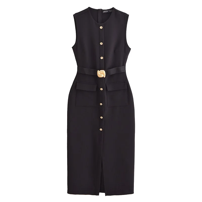 HXAO Black Elegant Party Midi Dresses 2025 Women\'s Spring Sleeveless Long Dresses Fashion Casual Vintage Evening Dress Vestidos