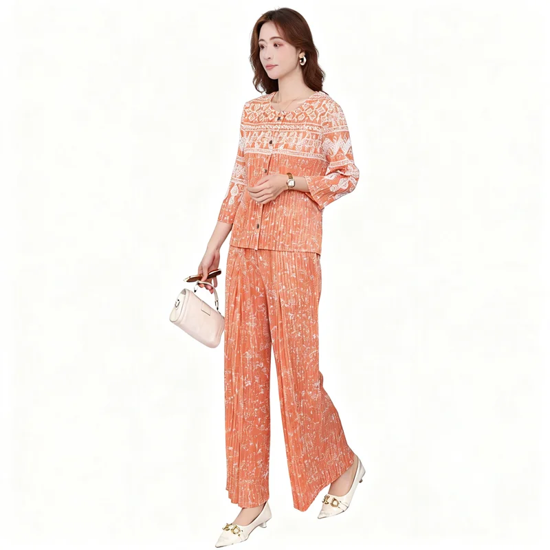 

Miyake Pleated Women's Casual Suit 2026 New Retro Floral Round Neck Top + Elastic Waist Wide Leg Pants Loose Two-piece Set