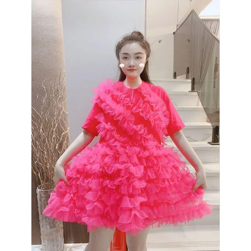 

Sissy Sweet Mesh Stitching Fairy Puffy Cake Dress Elegant Women's Princess Dress Layer Ruffles Lovely Fluffy Skirt Dress Party
