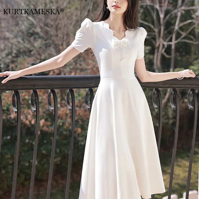 Elegant Wedding Dress V-Neck With Bow Simple Satin Bride Gowns A-Line Wedding Party Dresses Evening Gown Vestidos De Novia