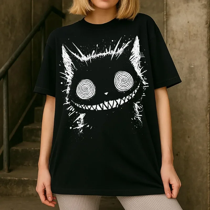 2026 Summer Hot Selling Weird Cheshire Cat T-shirt: Gothic Core T-shirt, Dark Art Pattern T-shirt, KAMIOJI T-shirt