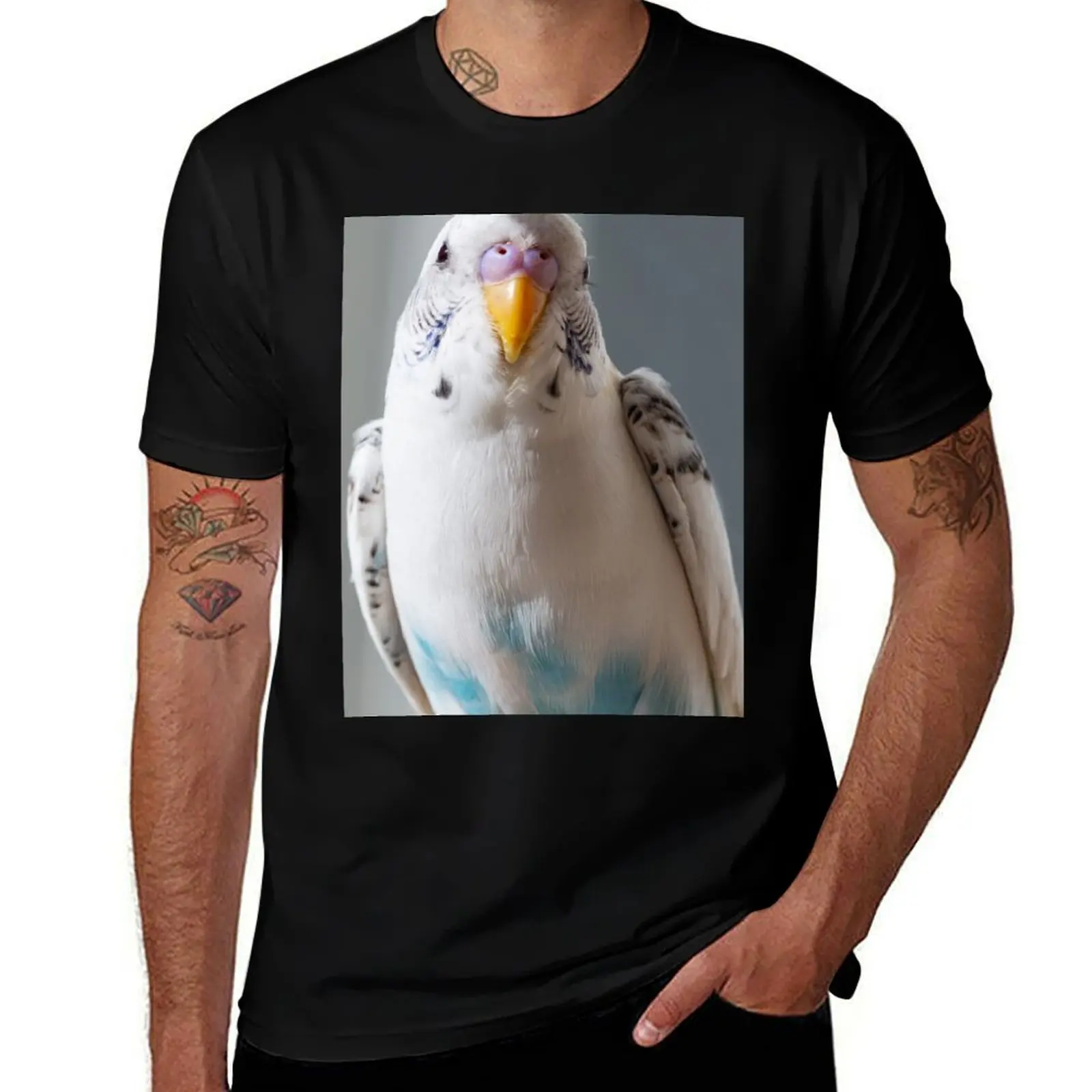 White and Blue Parakeet T-Shirt Simple Solid Color Crew Neck Tee T-Shirt