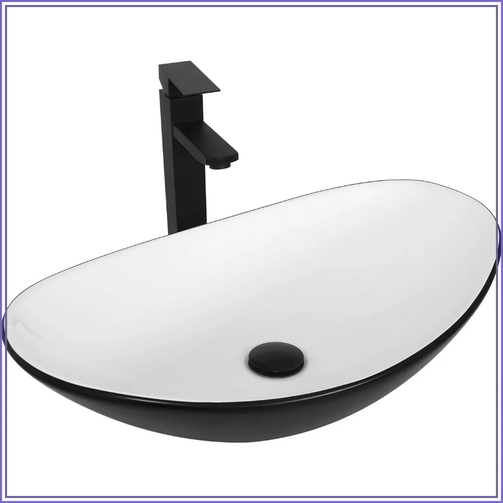 Ceramic Bathroom Sink Black and White Boat Shape Above Counter Porcelain Vessel Sink