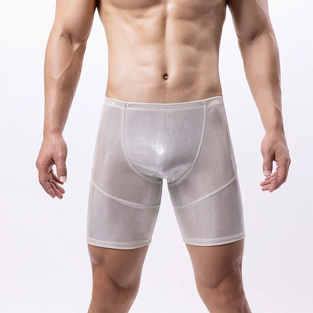 

Мужское масляное блестящее сексуальное женское белье, спортивное бразильское нижнее белье, бесшовные боксеры, мягкие трусы с U-образным мешочком, длинные шорты, мужская одежда