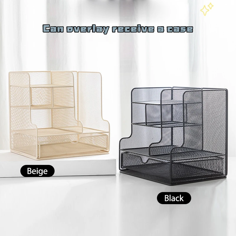 Mesh Desk Organizer With Drawer,Multi-Compartment Desktop File Organizer,Metal Mesh Desk Storage Shelf For Office Supplies