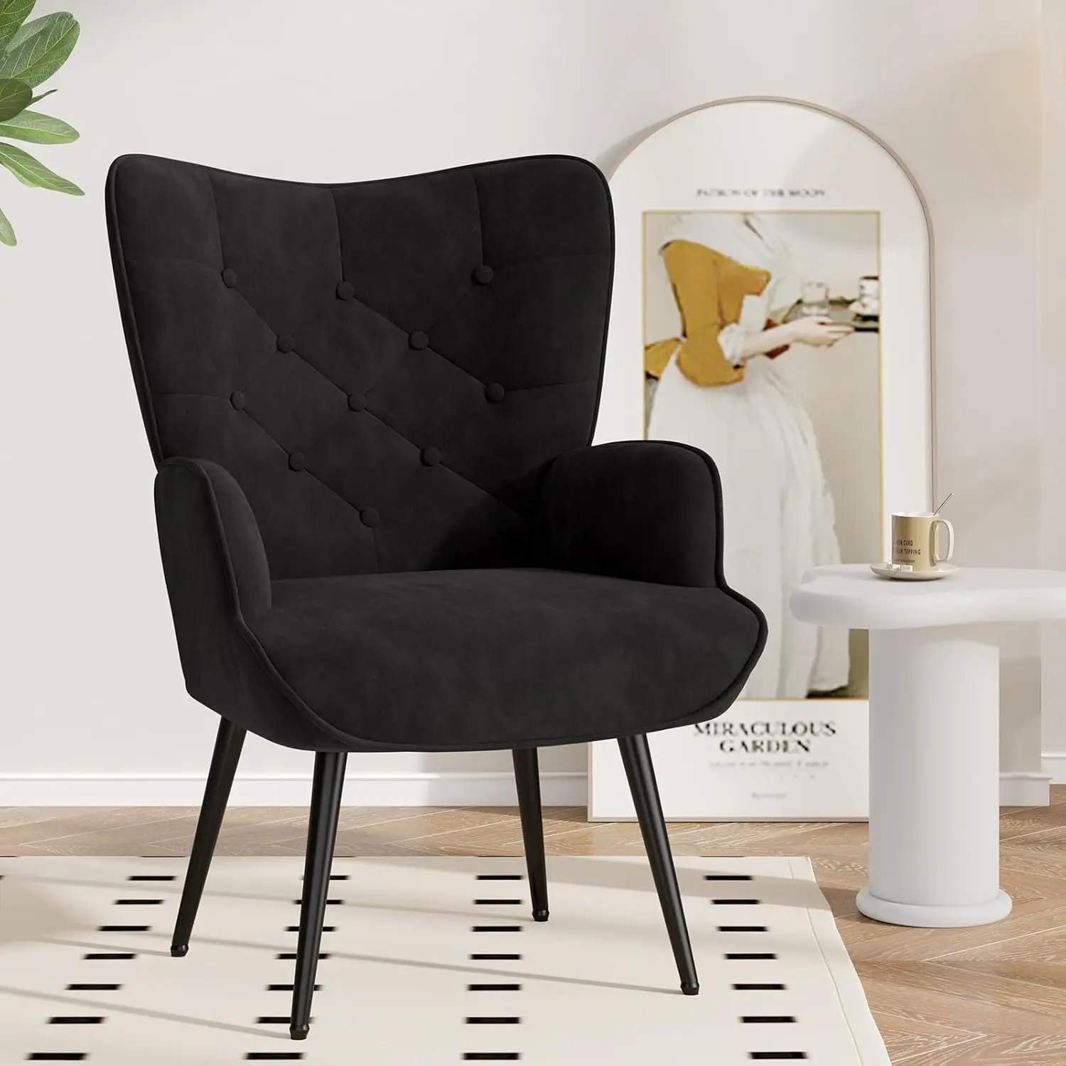Mid Century Modern Velvet Accent Armchair, Tufted Wingback High Back Side Chair with Metal Legs for Living Room Bedroom, Customi
