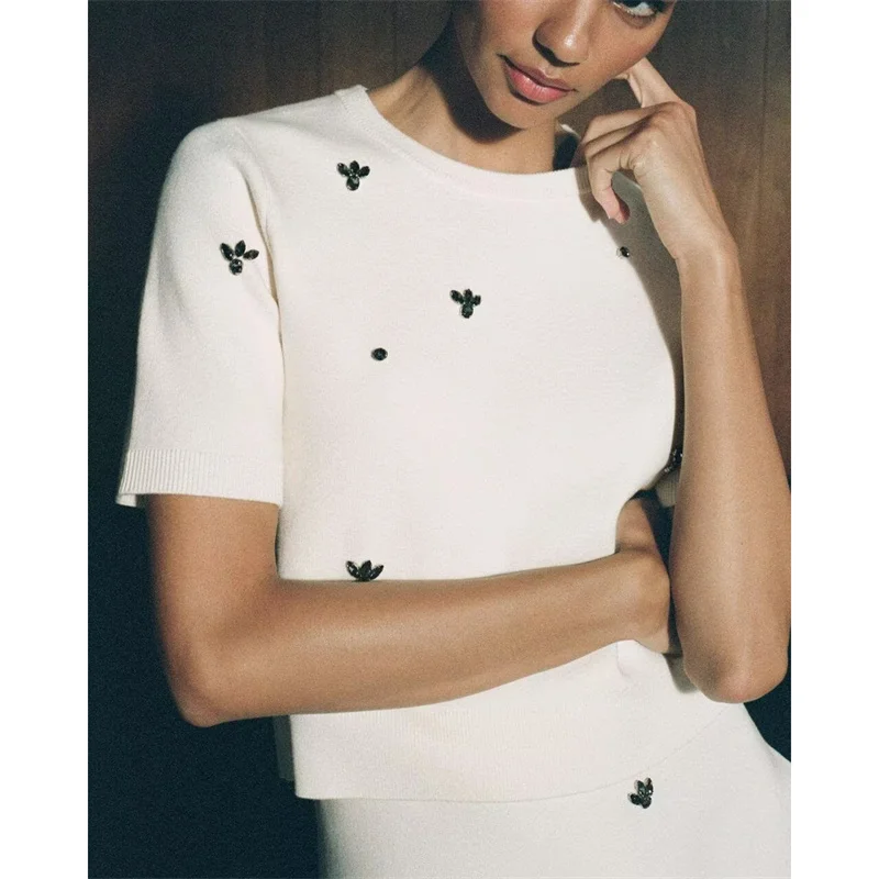 

BANA White Rhinestone ort Sve Knitted A-Line Skirt Two-Piece Set Faionable Spring Dr Ensemble for Women