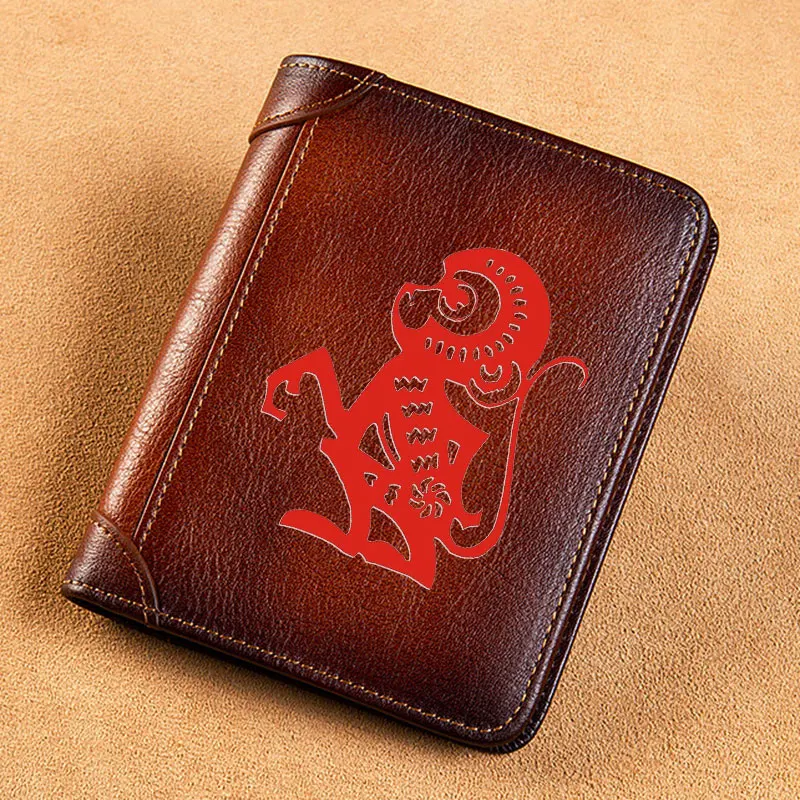 High Quality Genuine Leather Men Wallets Chinese Zodiac Monkey Signs Short Card Holder Purse Trifold Men\'s Wallet BK3815