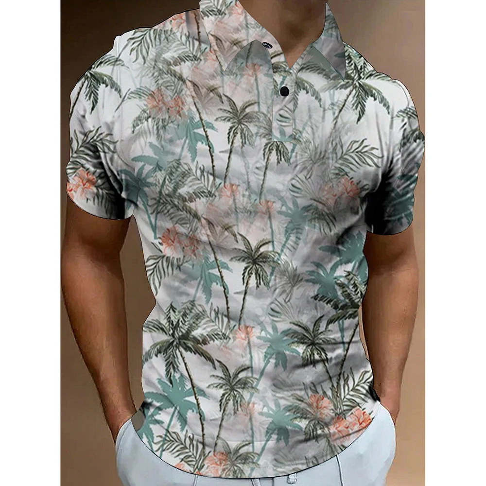 Summer New Coconut Tree Polo Shirt Golf Shirt Loose Fashion Street Polo Shirt Tops Comfortable Versatile Men\'s Luxury Polo Shirt