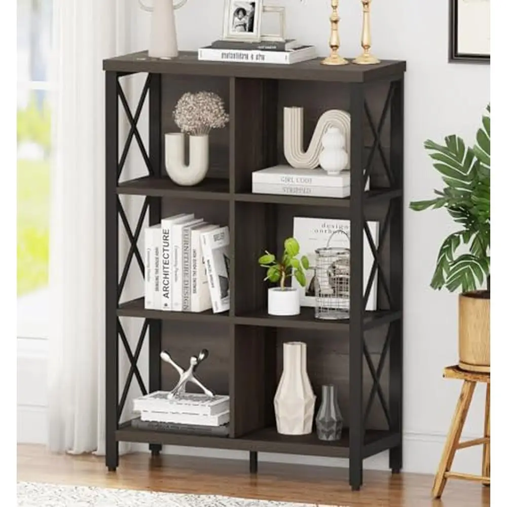 Rústico Madeira e Metal Organizador Prateleira, Estante Industrial para Adulto, 4 Tier Cubby Walnut Brown Cord Rewind, 6 Cube Autoportante Prateleira