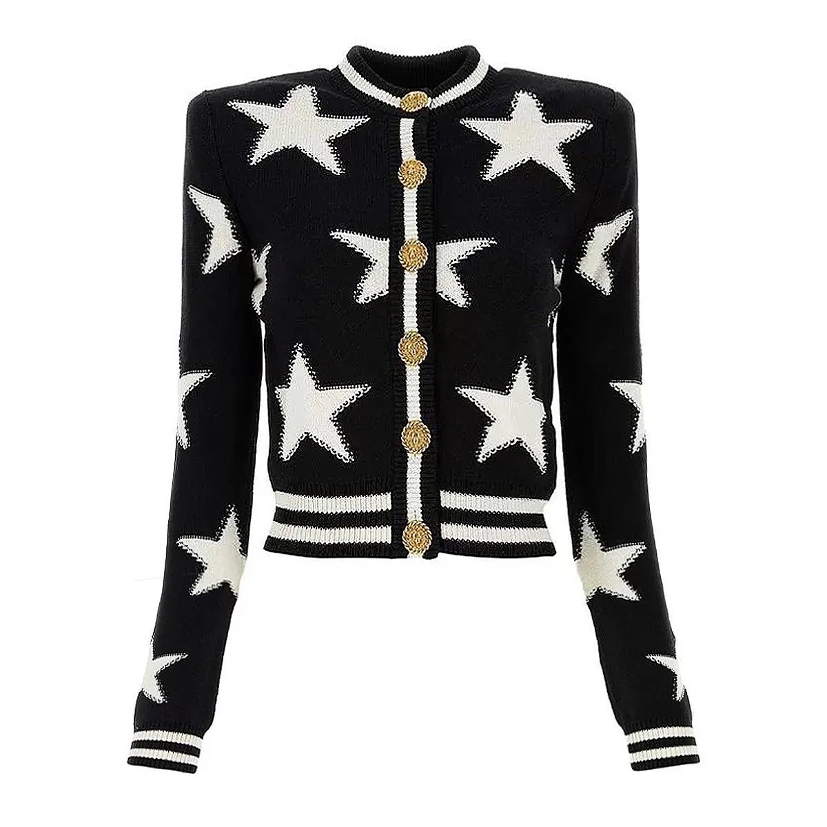 

BluWin Vintage Women Knitted Cardigan Black White Star Pattern Sweater Autumn Winter Casual Slim Jacket Female Outerwear Top