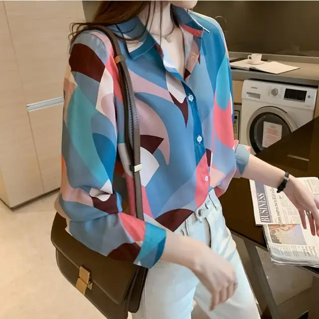 Bedrukt chiffon shirt voor dames Lange mouwen Lente Nieuwe Koreaanse stijl Modieus Eenvoudig temperament Veelzijdige losse top