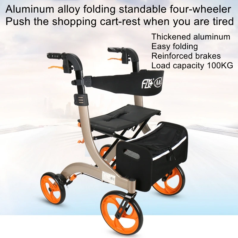 Aluminum alloy four-wheeled shopping cart hand push foldable walker shopping cart elderly travel supplies