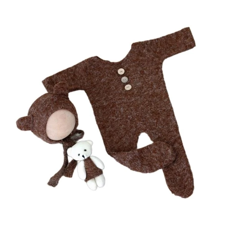 

J15U Baby Bear Theme Hat Romper Costume Set Photo Outfit Photoshoots Suit Newborn Shower Supply Infant Photography Costume