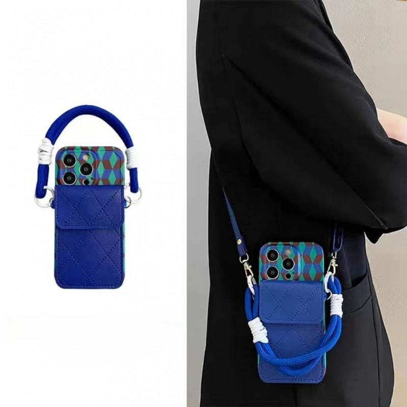 New Deep Blue Card Holder Phone Case,For IPhone 17 14 15 16 Pro Max 14 13 12 11 Pro XSMax , Crossbody Protective Case Covers