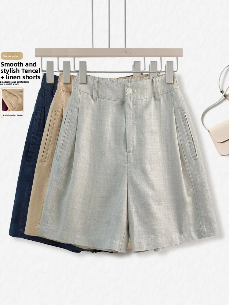 

High Waist Linen Shorts Women's Summer Thin Casual Wide Leg Pants Outdoor Wear A-Line Five-Quarter Pants Comfortable Fit