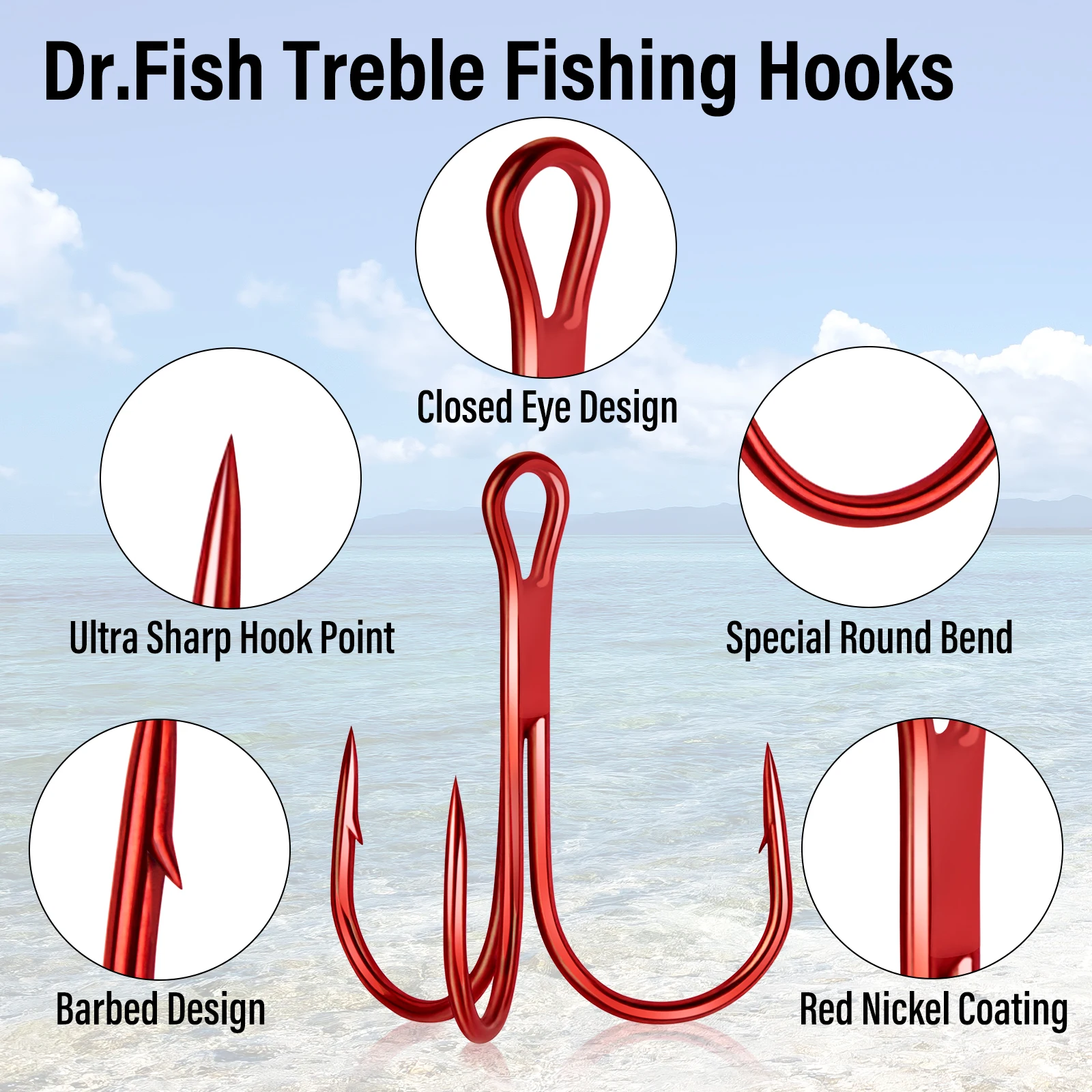 

50pcs Treble Fishing Hooks Red Round Bend Triple Grip High Carbon Steel Fish Hooks for Catfish Bass Trout Replacement Hard Bait