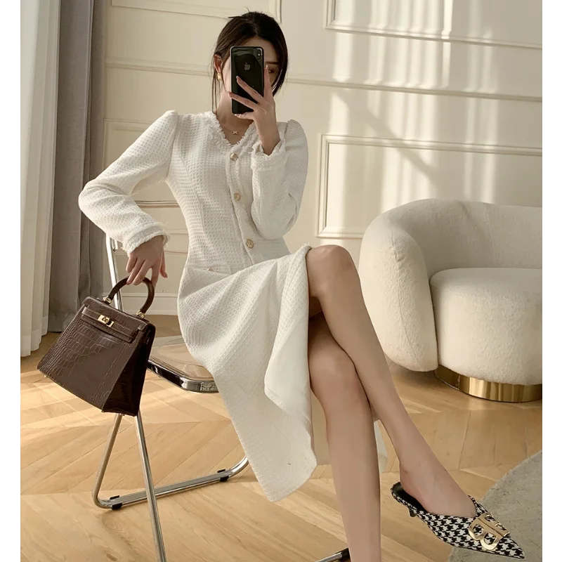 

Trendy Ins Goddess Long Dresses Women White Spring Autumn V-neck French Light Luxury Clothing A-line Princess Sweet Elegant OL