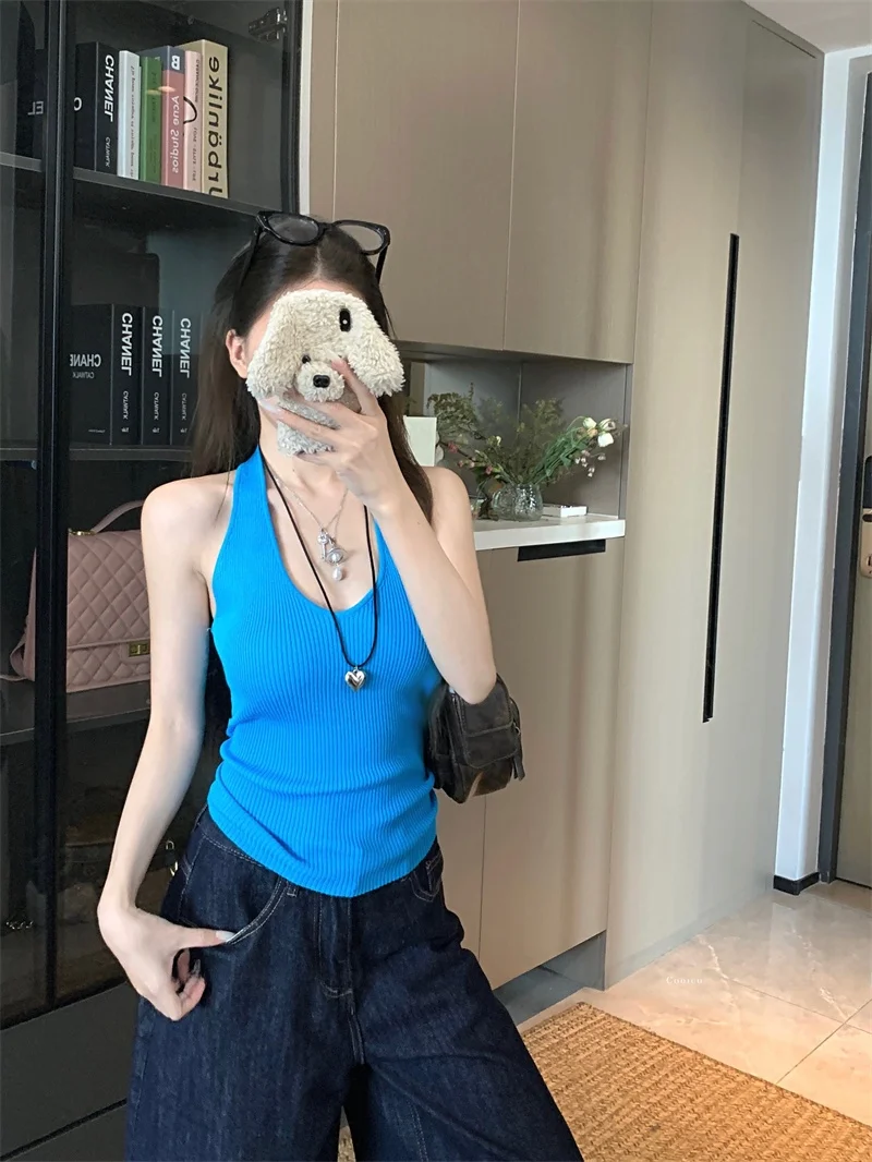 Blue Pure Desire Knitted Strap Vest Women Summer Holiday Style Slim Fit Backless Sleeveless Small Top Sexy Girl Style