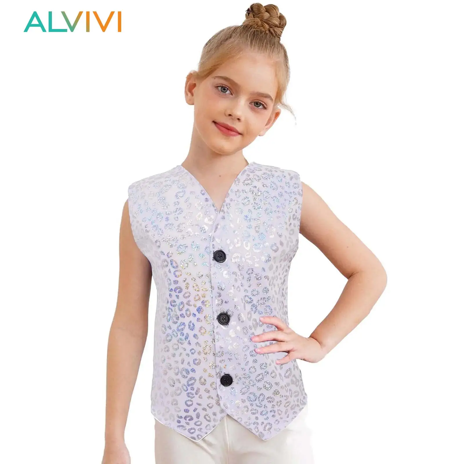 

Kids Girls Boys Hip Hop Jazz Dance Performance Costume Asymmetrical Hem Button Waistcoat Metallic Leopard Cardiagn Vest Tops