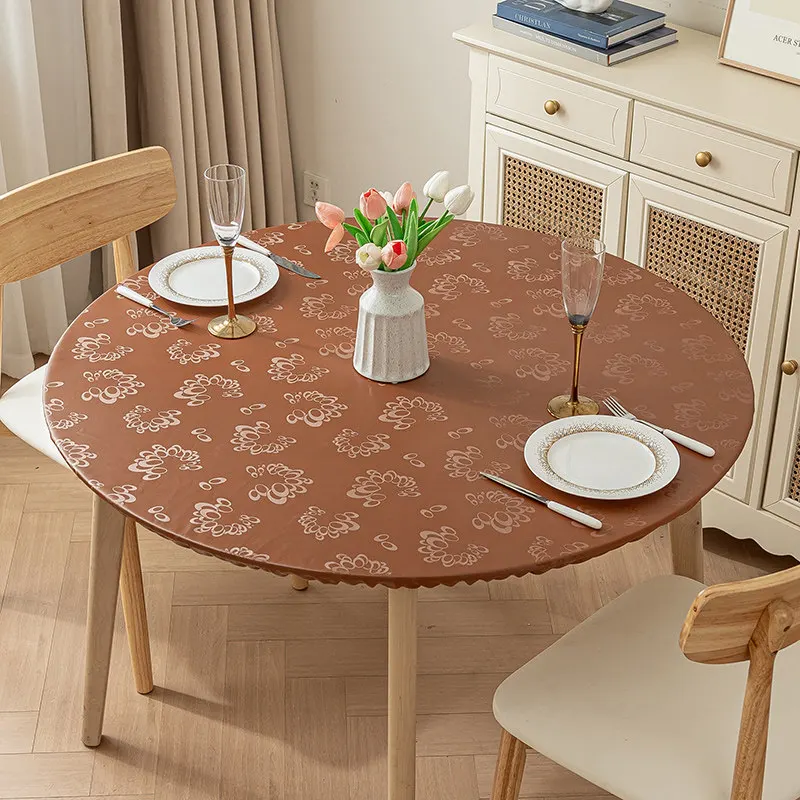 Non-slip Round Vinyl Fitted Tablecloth Waterproof Oil-Proof with Carving Figure Elastic Table Cloth Plastic Table Protector