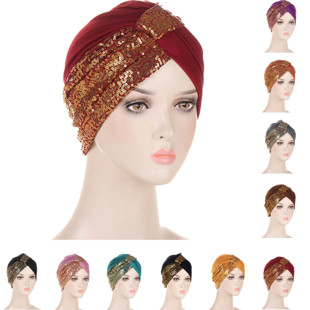 Fashion Glitter Sequins Muslim Women Inner Hat Hijab Turban Chemo Cap Strech Bonnet Hair Loss Islamic Underscarf Indain Headwrap