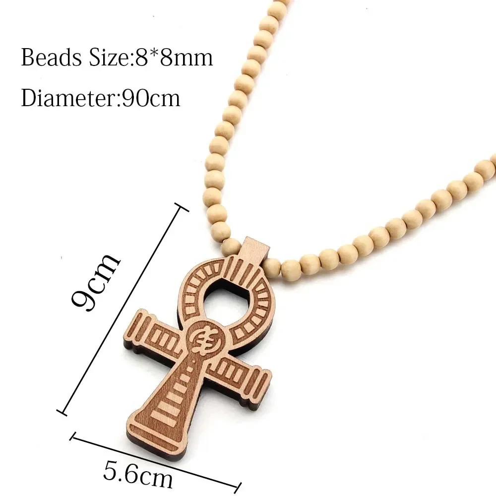 New Wooden Egypt Anka Cross Necklace Pendant For Men Woman Long Beaded Sweater Chain Necklaces Red Black Brown Color