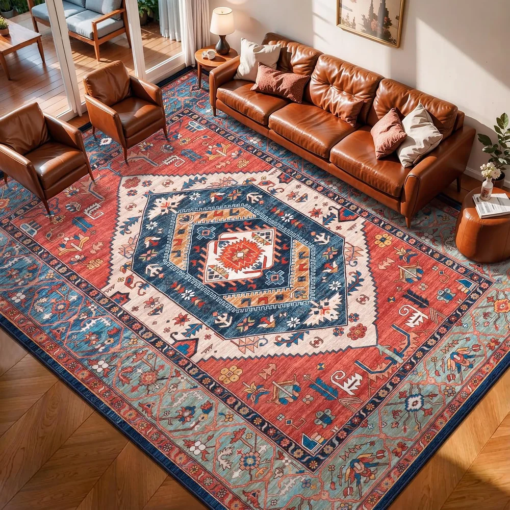 8x10 Extra Large Rust Vintage Tribal Boho Christmas Area Rug Low Pile Washable Non Slip Rug Carpet for Dorm Office Home Decor