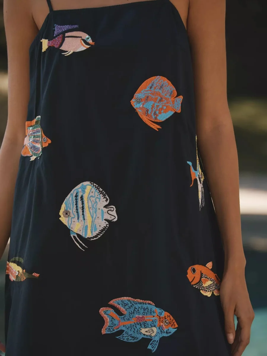 ผู้หญิง Sea Life ปักชุดมินิสปาเก็ตตี้พิมพ์สายสั้น Cami ชุดน่ารักพิมพ์สีสัน Beach Sundress