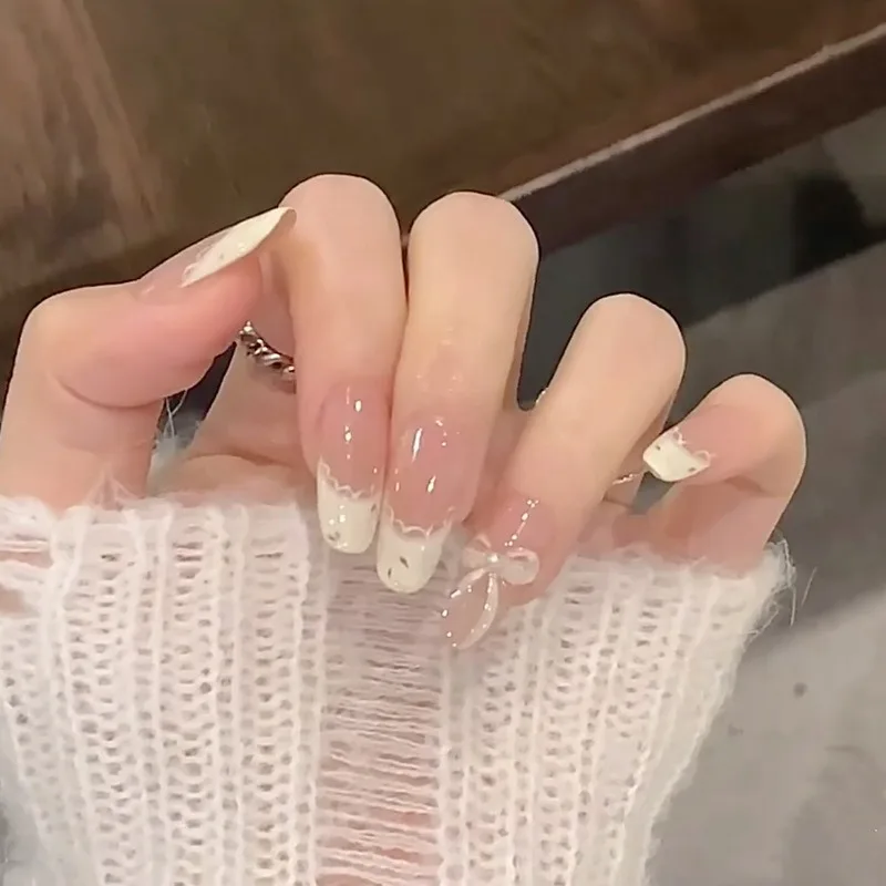 10 Uds. De uñas acrílicas hechas a mano, juego de uñas francesas de flores de primavera de largo medio, falsas con pegamento incluido, uñas bonitas 2025