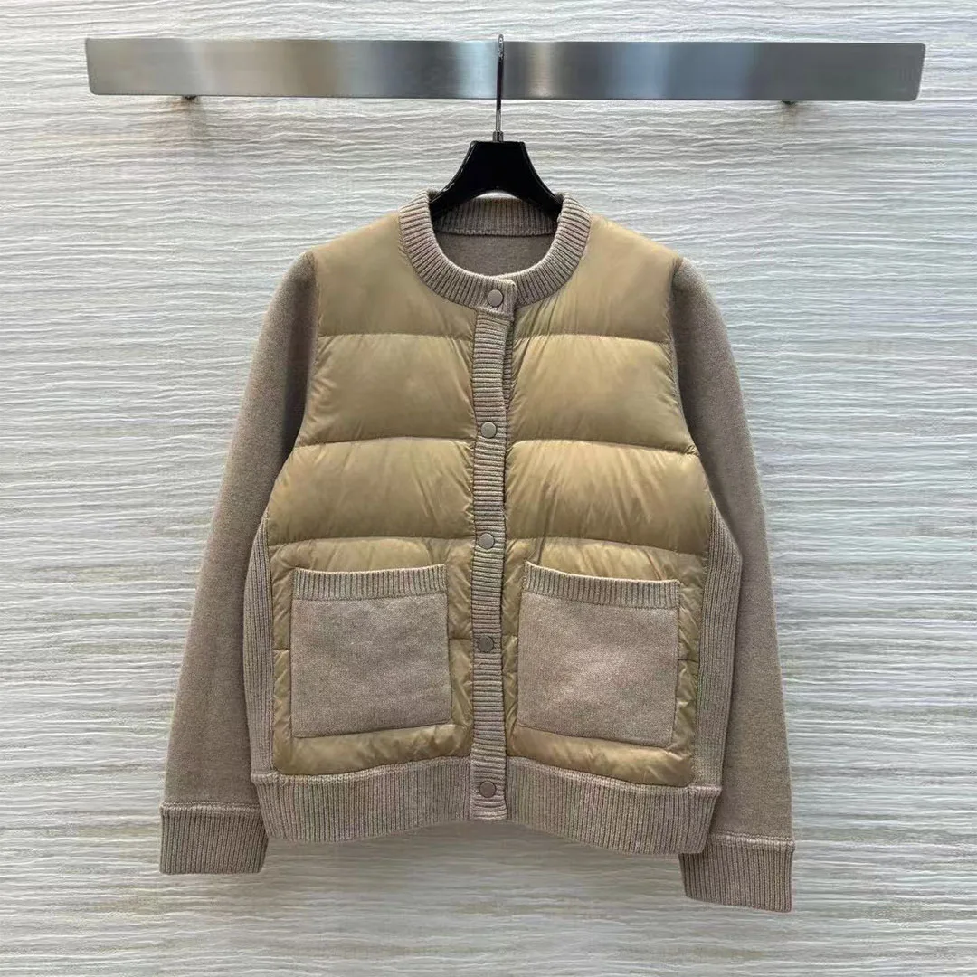 New Fashion Autumn Winter 90% White Goose Down Patchwork Cashmere Knitted Coat Women O-neck Single Breasted Pockets Khaki Jacket