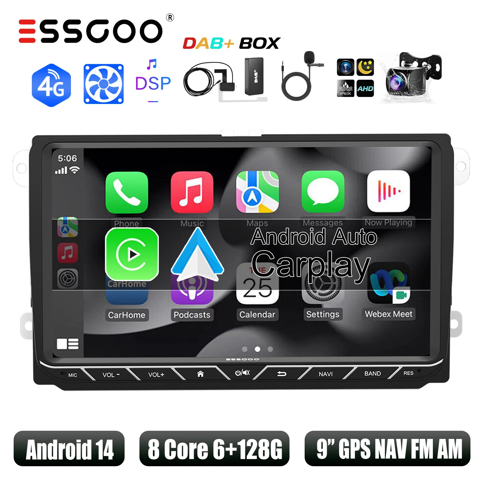 ESSGOO Autoradio 9" Android 14 6+128GB 8-core met Wireless Carplay voor VW Golf 5 6 Passat Polo Touran Tiguan Jetta, Android Auto, 4G DSP, GPS Navigatie, WiFi, FM/AM/RDS
