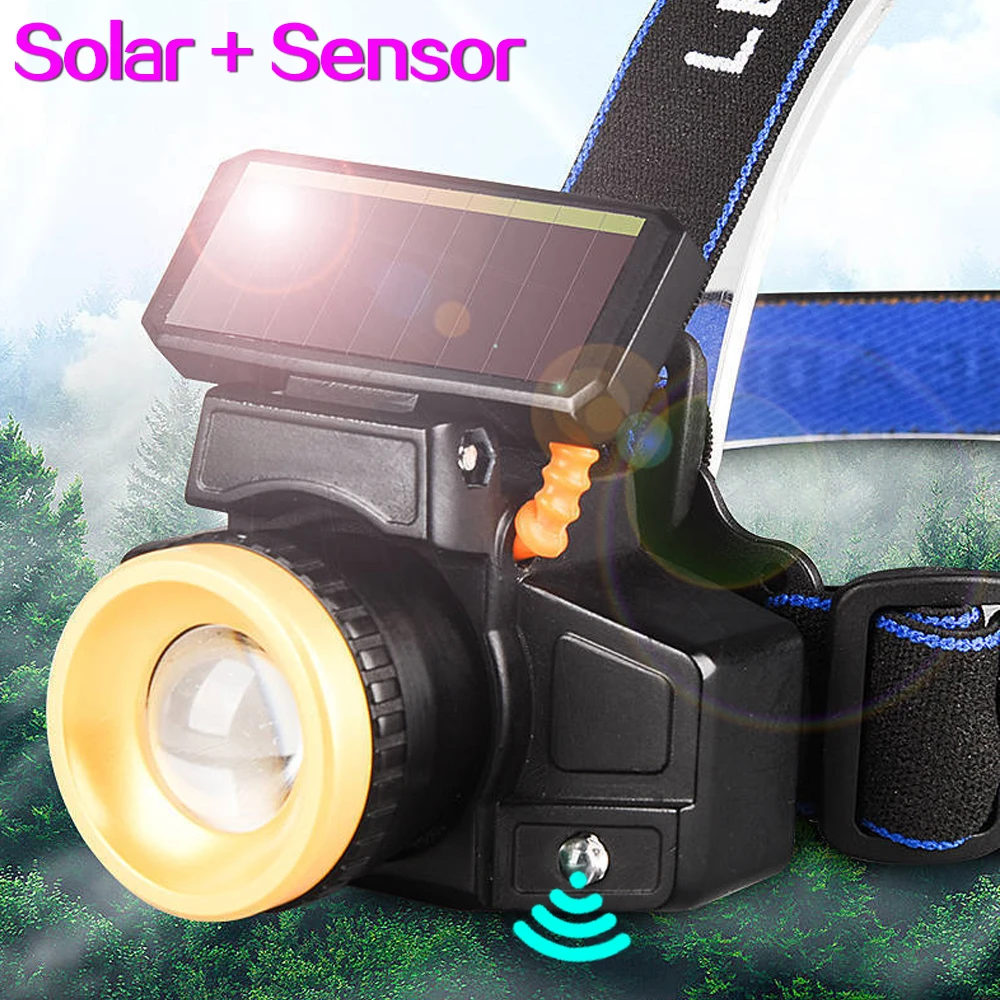 Solar Charging Head Lamp USB Rechargeable Headlight Waterproof Headlamp Ultra Bright Head Light High Lumen Head Front Light