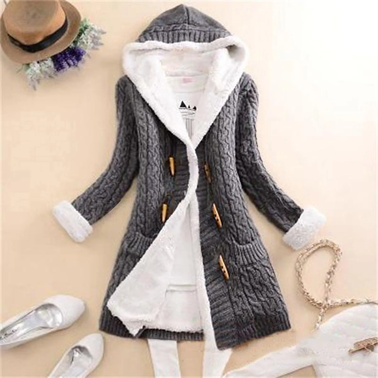 Women Fashion Cardigan Mid-Length Easy to Match Solid Color Woolen Yarn Winter Warm Jacket for Outdoor Outerwear Sweatshirts