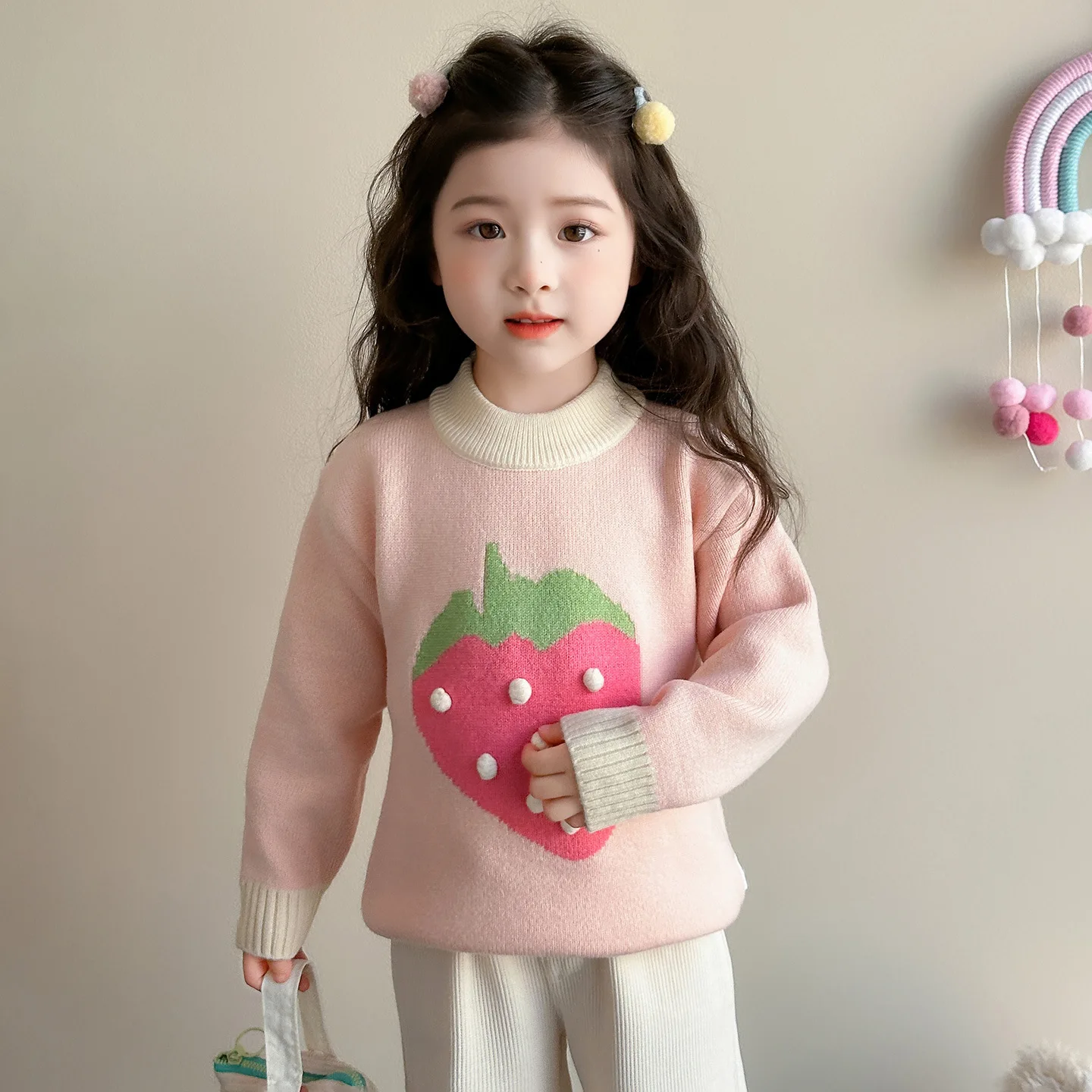 

Girls' Strawberry Base Sweater Autumn/Winter 2025 New Children's Korean Edition Fashion Little Girls' Thick Knitted Top