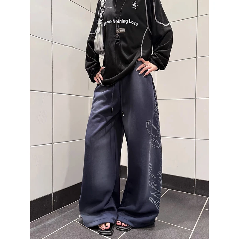 ZHIZOU Women's Leopard Baggy Wide Leg Sweatpants Oversize Letter Pants Harajuku American 2000s Style Vintage Y2k Dance Trousers